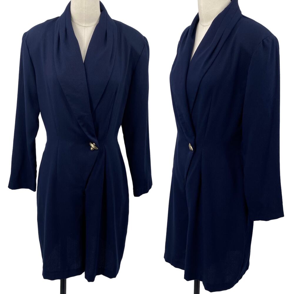 Vintage 80s Romper Blazer V Neck Surplice Button Front Ribbed Knit Navy Blue M